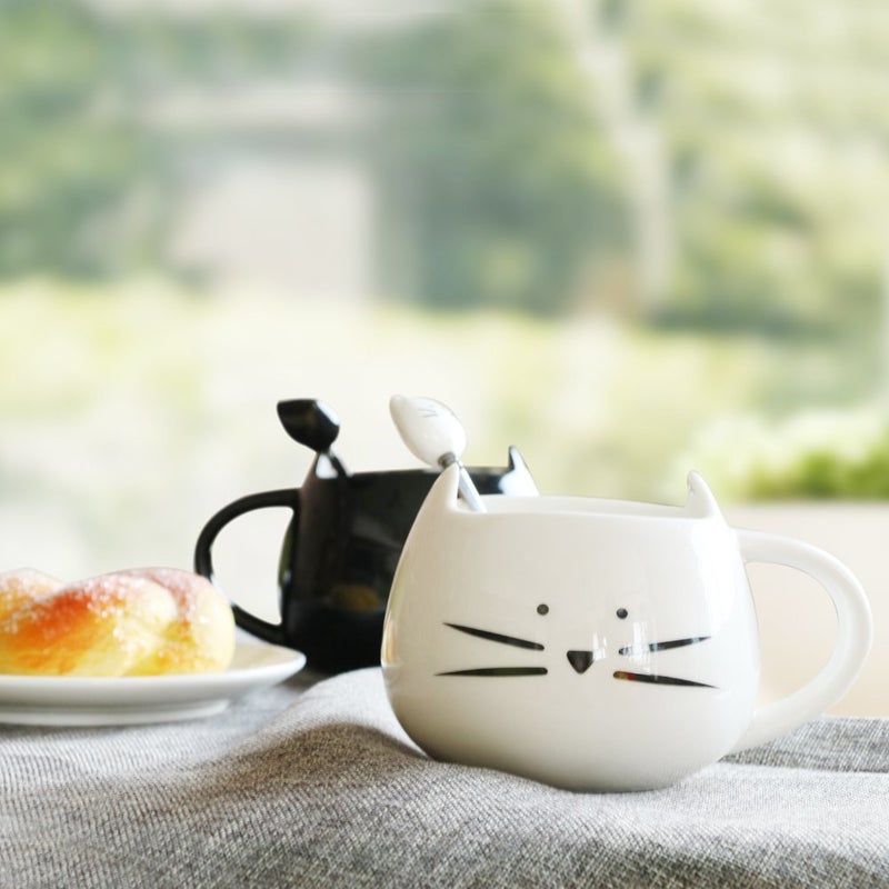 Koolkatkoo Cute Cat Mug Ceramic Coffee Mugs Set Gifts for Women Girls Cat Lovers Funny Small Cup with Spoon 12 oz Black and White - Image 4
